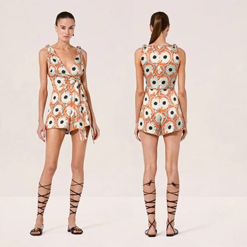 NEW Alexis Kerissa Floral Print V-Neck Orange and Cream Sleeveless Romper